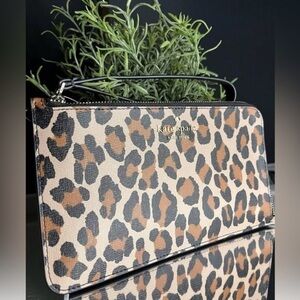 Kate Spade Lucy Medium L-Zip Wristlet Leopard Print Saffiano Leather NWT